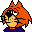 Pixel art icon of a cartoon character with orange hair, black outline, yellow face, and purple clothing against gray background.
