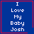 Four blue square with red borders display white text reading "I Love My Baby Josh" with a red heart in the top-right and a red starburst in the bottom-right