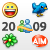 Pixelated yellow smiley face with blue eyes, red mouth, and brown border; blue bird with yellow beak and feet; black numerals '20' and '09'; green and blue figures with orange band; green flower-like shape; red 'AOL' text.