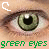A close-up of green eyes with a heart symbol above and "green eyes" text below, showing two animation states: one with a partial white heart outline and green text, the other with a full white heart outline and white text.