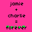 Pixelated text on bright pink background shows 'jamie + charlie = forever' with green accents, two identical frames side-by-side.