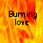 A pixelated image with fiery orange and yellow background displaying 'Burning love' text in black, split into four quadrants where the bottom-right is gray.
