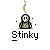 Pixel art animation of a cartoon character with green smoke above its head, displayed in an 8-frame contact sheet showing sequential motion changes.