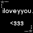 Black background with white pixelated text and symbols repeating in a pattern, featuring 'iloveyyou' phrases and '<333' heart shapes