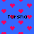 Blue background with repeating red pixelated hearts and four instances of the text 'Tarsha' in black block letters.