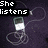 A four- pixelated animation of a white MP3 player with earbuds on a dark purple background, displaying sequential text