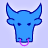 Blue pixelated bull head with dark blue outlines, two small square eyes, and a pink circular nose ring against light purple background.