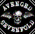 Pixelated static icon featuring a central skull surrounded by stylized text and wing-like shapes on a black background with white checkered border.