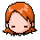 Pixel art avatar with orange hair showing three facial expressions: closed eyes, wide eyes, and a downward gaze.