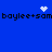 Blue background with repeated black text 'baylee+sam' and pixelated white symbols above and below the text.