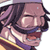 Pixelated static image of a character with dark hair, closed eyes, and an open mouth showing teeth, wearing a purple garment with yellow trim against a white background.