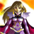Pixelated anime-style character with long brown hair, purple and red outfit, and yellow/orange background gradient.