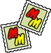 Static image of multiple square icons with white borders, featuring repeated 'M' text and various symbols like a gift box, flower, heart, cake, and Christmas tree.