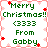 Pixelated holiday-themed graphic with green text reading 'Merry Christmas!! <333 From Gabby' repeated in a , bordered by pink floral and star motifs on white background