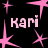 Black background with pink starbursts and repeated 'kari' text in pixelated font, partially obscured by a gray rectangle.