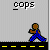 Pixel art animation of a brown-skinned figure in blue pants walking past a white police car with red and blue lights on a gray background with yellow dashed lines.
