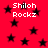 Red background with scattered black stars and repeated white text 'Shiloh Rockz' in pixelated font.