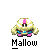 Pixel art character with yellow body, pink accents, and blue torso details in six distinct poses with 'Mallow' text below each.