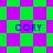 Green and purple checkered background with blue text 'CORY' in four positions, transitioning from square to diamond pattern.