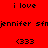 Red background with repeated text and symbols in black pixelated font, alternating between 'i love', '(333', and 'jennifer sfn' across three
