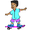 Animated sequence of a cartoon boy on roller skates with changing facial expressions and arm positions against gray background.