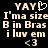 Pixelated text on black background with 'YAY!' and heart symbol, repeated twice side-by-side.