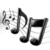 Black musical notes on a white background with subtle gray motion trails, featuring a treble clef and scattered eighth notes.