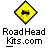 Yellow diamond-shaped road sign with black border and arrow, below which is pixelated text reading 'RoadHead Kits.com' on gray background.