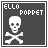 Animated pixel art icon featuring a white skull and crossbones on dark gray background with 'ELLO POPPET' text, showing sequential animation frames.