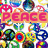 A colorful collage of peace symbols and the word PEACE in pink, with a turtle swimming underwater labeled TURTLES.