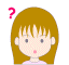 Pixelated cartoon girl with brown hair and pink lips, two identical frames with pink question marks above each side.