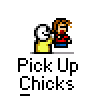 Pixel art animation frames showing a yellow stick figure and a cartoon woman with brown hair, red top, blue pants, and white shoes against gray background.