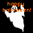 Pixelated ghost icon with orange 'happy halloween!' text, showing three color variations against black background.