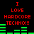 Red text "I LOVE HARDCORE TECHNO!!!" on black background with green audio equalizer bars, two identical static frames side-by-side.