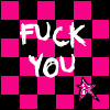 Pink and black checkered background with repeated 'FUCK YOU' text and small pink stars, each text element showing vertical white drip effects.