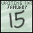A light green pixelated background displays 'WAITING FOR JANUARY' text above a large handwritten '15', with two heart symbols appearing in the bottom-right corner of some frames.