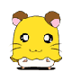 Yellow hamster character with brown-tipped ears and pink inner ear sections, white belly, black eyes with white highlights, small nose, whiskers, standing on a dark base against gray background.