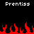 Pixelated text "Prentiss" appears twice at the top of a black background above red flame-like shapes.