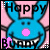 Pixelated blue bunny with pink nose and mouth, standing against a pink background; text "Happy" above head and "Bunny" below mouth in black block letters.