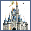 Animated sequence of a Disney castle with blue spires, orange-topped towers, and a fairy with green wings flying near the top left, stars appearing and disappearing in the background.