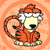 A 6-frame animated contact sheet of a cartoon tiger mascot in orange and white, with varying facial expressions and tail positions across frames on an orange patterned background.