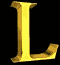 Three vertical display golden 3D letter Ls against black backgrounds with gray borders; the rightmost shows a brighter, more reflective L