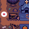 Pixel art scene showing a brown cave-like structure with glowing yellow eyes, surrounded by pixelated mushrooms and flowers on a blue background.
