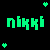 Pixelated text 'nikki' in green and orange with four pixel hearts on a black background.