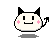 Pixelated white cat-like avatar with black ears, pink cheeks, and a black tail, showing four distinct expressions including a wink with a yellow star and a closed mouth smile.