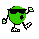 Green pixelated character with black sunglasses and plus sign on chest, performing walking animation against gray background.