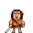 Pixelated character with brown hair, orange sleeveless top, red and yellow arm bands, blue and red chest symbol, brown belt, and yellow sword on gray background.