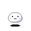 Pixelated white rounded character with black eyes and mouth, pink cheeks, blue tear-like marks on some frames, small black shadow beneath.