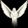 Four grayscale angel figures with outstretched wings, each in a prayer pose against black background, varying wing and body sizes across frames.