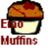 Pixelated image of a muffin with orange-brown top and white base, overlaid with red text 'Emo Muffins' on left side and green 'OMG' on purple background right.